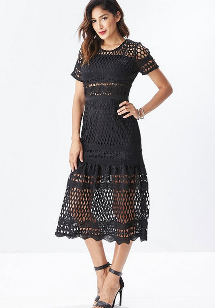 Midi length A line lace dress- LBD  Ladyee