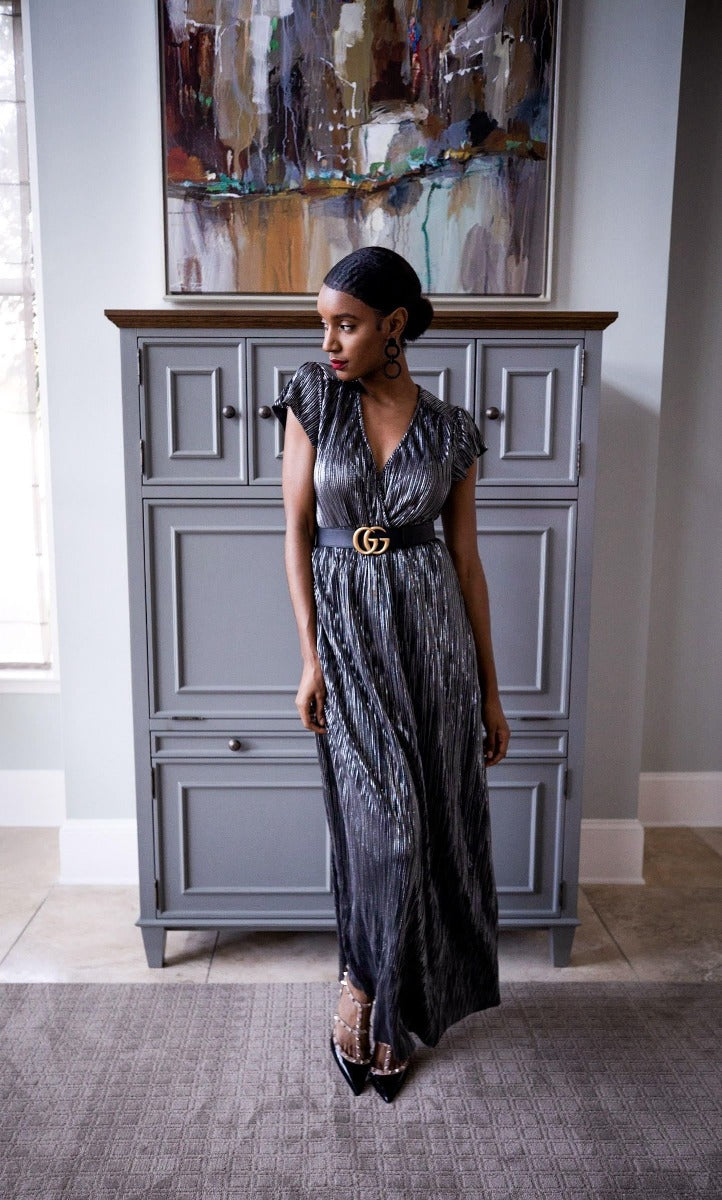 pleated metallic wrap dress Zahra pleated metallic dress
